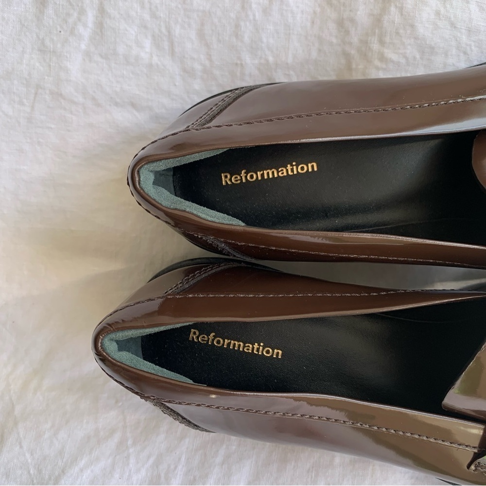 Reformation Agathea Chunky Loafer Leather Patent Shiny Platform Shoes Espresso - Picture 8 of 12